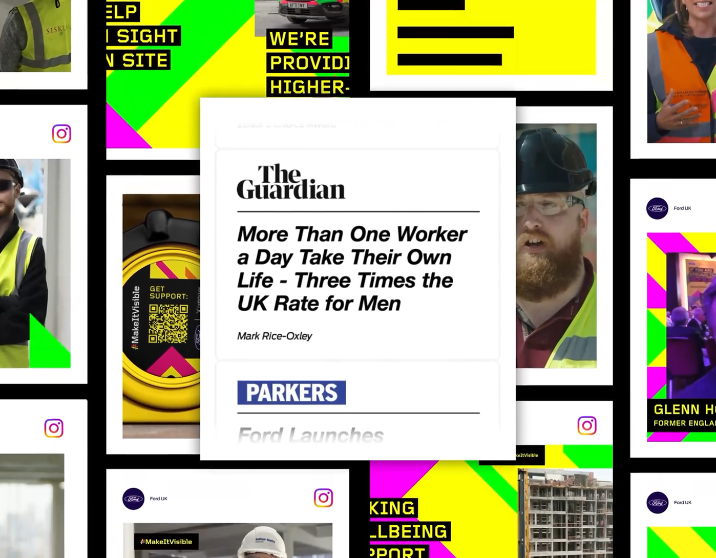 Collage of Ford Make It Visible campaign assets showing construction workers, high-visibility graphics, social media posts, and press coverage highlighting mental health and safety in construction.