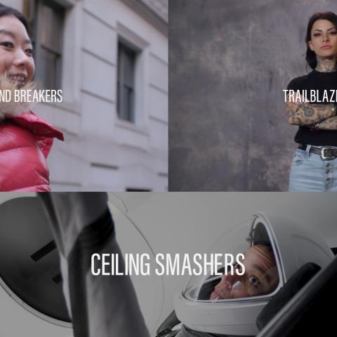 Three-panel campaign layout showing people labelled Ground Breakers, Trailblazers, and Ceiling Smashers.
