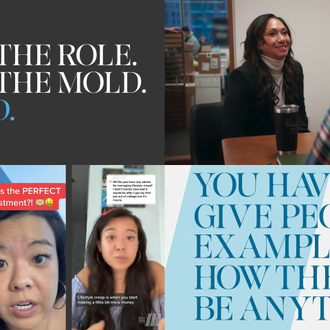 Campaign layout combining workplace photography, social video thumbnails, and motivational text.