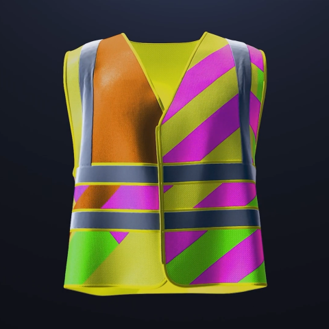 High-visibility safety vest featuring bright yellow, pink, green, and orange geometric patterns designed to increase worker visibility on construction sites.