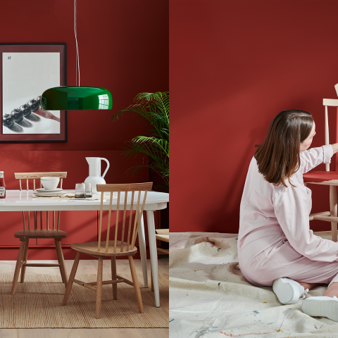 Red kitchen interior featuring a dining table with Lick paint tin and Heinz Tomato Ketchup bottle displayed side by side.