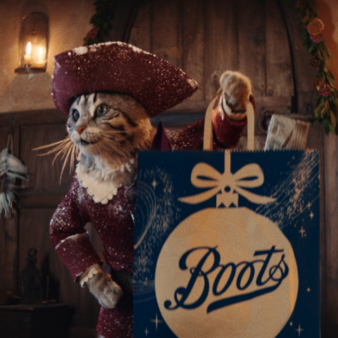 Festive Christmas scene featuring a costumed cat carrying a Boots shopping bag in a warmly lit, storybook interior.