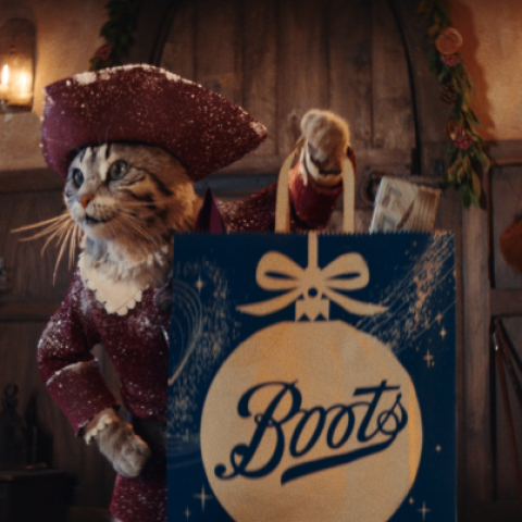Anthropomorphic cat in period costume holding a blue Boots Christmas shopping bag inside a festive, candle-lit room.