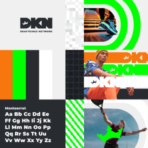 DraftKings Network brand system showing logo variations, color palette, typography, iconography, and motion-inspired graphic elements.