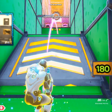 Player character navigating a speedrun obstacle course inside a branded Sky Gigafast in-game challenge environment.