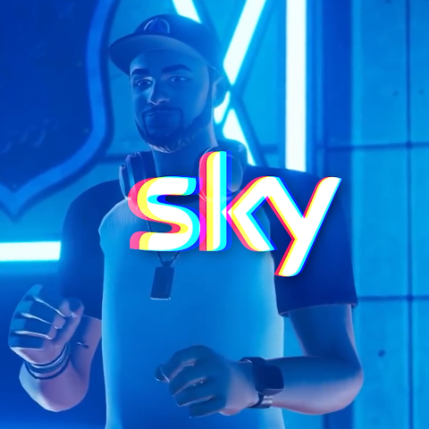 Futuristic animated character representing Sky Gigafast broadband inside a branded gaming environment.