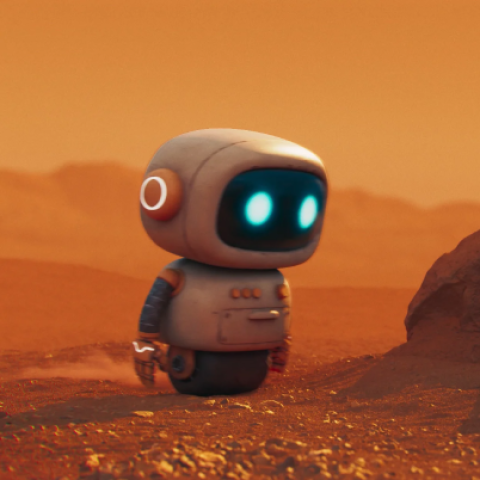 Close-up of a small futuristic robot with glowing blue eyes standing on a red desert surface.