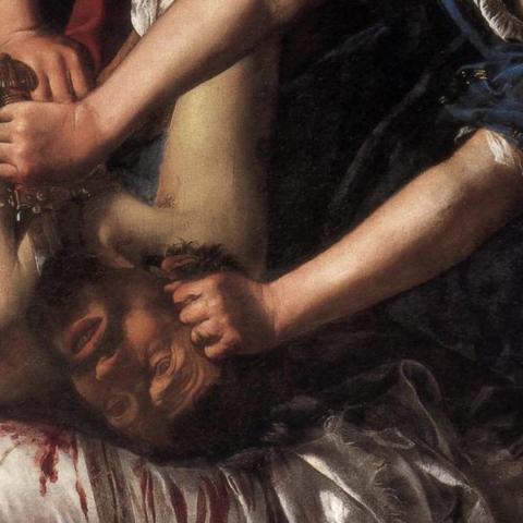 A detail from Artemisia Gentileschi's Baroque oil painting 'Judith Slaying Holofernes' (c.1614–1620), depicting Judith and her maidservant overpowering Holofernes, with a sword at his neck and blood-stained white sheets, painted with dramatic chiaroscuro lighting