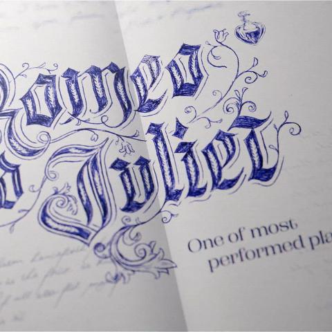 Script style writing of Rome & Juliet in blue ink 