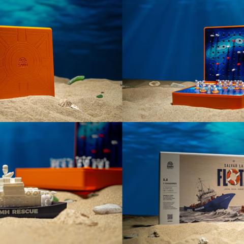 Four-panel image showcasing the "Salvar la Flota" board game by SMH, displayed on a sandy ocean floor with an underwater backdrop, featuring the orange game box, open game board with playing pieces, a detailed SMH Rescue ship figurine, and the game's retail packaging.