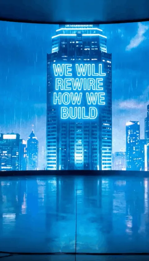 Wide studio setup with a camera crew filming in front of a curved immersive LED screen showing a neon-lit futuristic city skyline in the rain, featuring the words “We Will Rewire How We Build.”