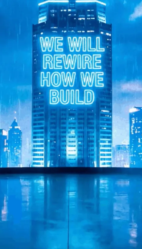 Wide studio setup with a camera crew filming in front of a curved immersive LED screen showing a neon-lit futuristic city skyline in the rain, featuring the words “We Will Rewire How We Build.”
