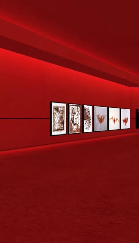 A render of the Kotex 'Art's Missing Period' virtual gallery, featuring a dramatic red-lit corridor with a series of framed artworks displayed along the wall. Large bold text reading 'ART'S' dominates the left wall, with '(MISS –' pointing toward the gallery of period-themed artworks stretching into the distance