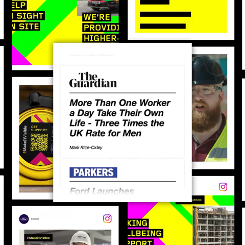Campaign collage featuring The Guardian headline about construction worker mental health alongside Ford Make It Visible social media posts and high-visibility safety imagery.