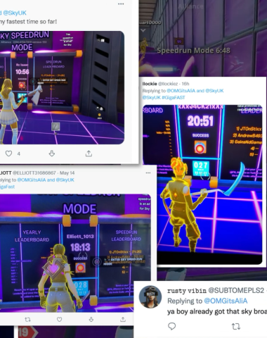 Social media posts showcasing players sharing their Sky Speedrun Mode results from a branded in-game experience promoting Sky Gigafast broadband.