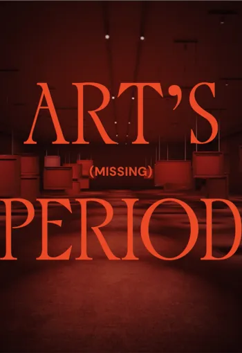 A dark, red-monochrome image of a long gallery hall. Dozens of empty, dark red picture frames hang suspended from the ceiling at various heights, casting soft shadows on the floor. In the center, large serif text reads "ART'S" on the top line, "(MISSING)" in smaller letters in the middle, and "PERIOD" on the bottom line.
