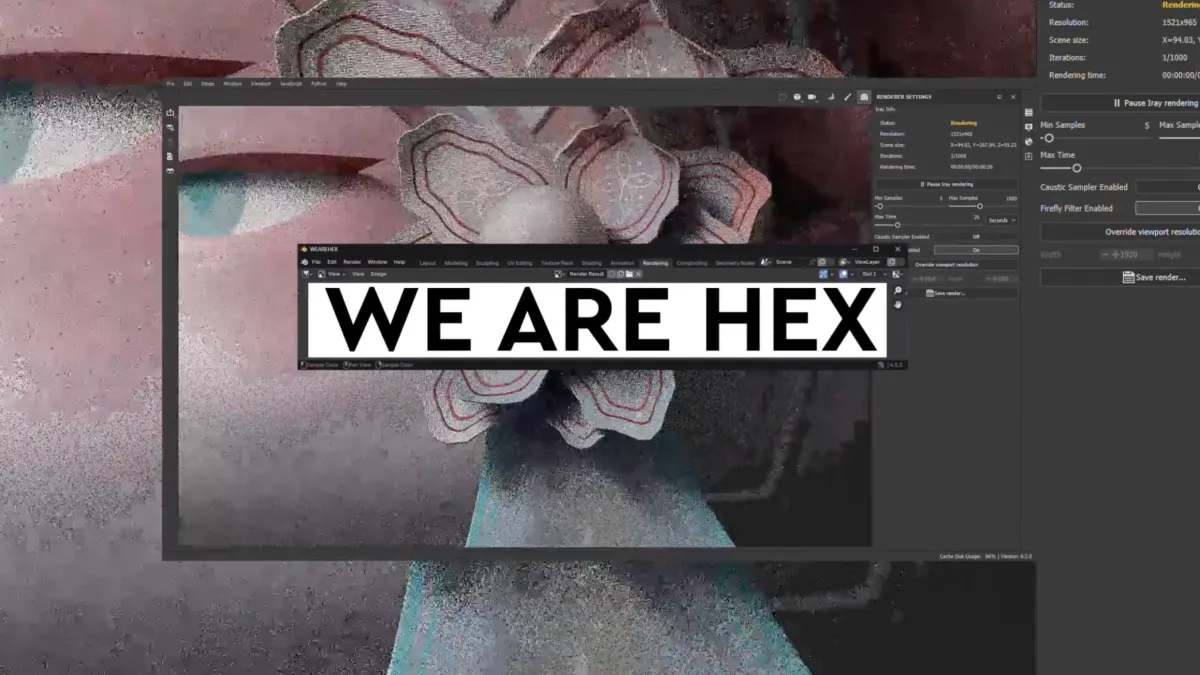 A screenshot of a digital art workstation showing a rendering in progress. In the center, a 3D model of a character with a large, stylized eye and flower-like head elements is visible. A prominent white banner with black text in the center of the screen reads "WE ARE HEX." On the right, various rendering settings, sliders, and progress details are visible in the software's sidebar panels.