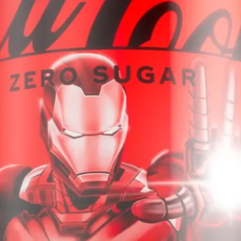 Red Coca-Cola Zero Sugar can with a bold superhero illustration on the front.